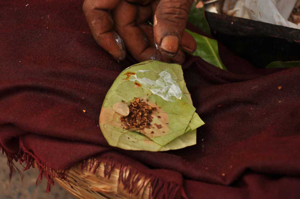 "paan" before being fold in the betel leaf. "paan" uma mistura de nós de areca, cal e tabaco de mascar, enbrulhada numa folha de betel)