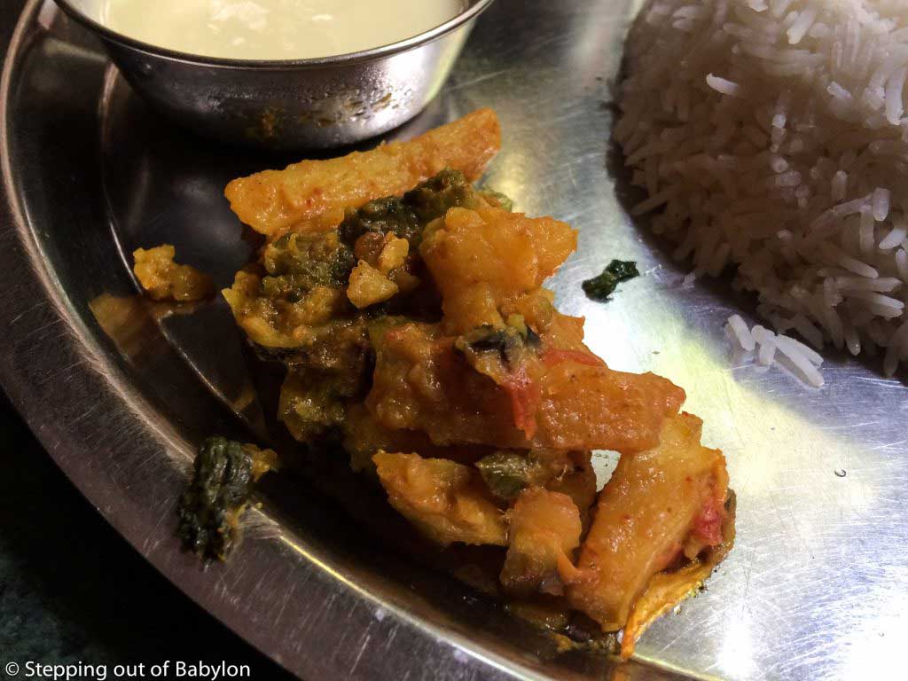 tarkari... that means vegetables, stew and seasoned with tumeric, coriander and cumin... a important part of a dal bhat. At Om Restauant