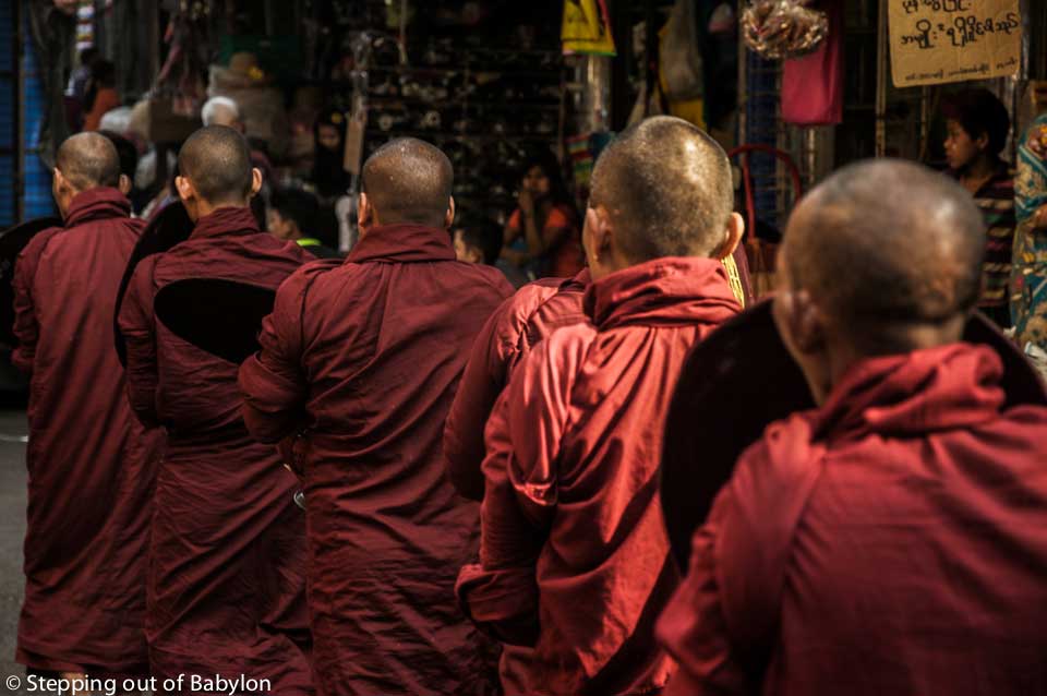 Yangon... here every morning monks walk along the city begging for alms, dyed the street with the maroon color
