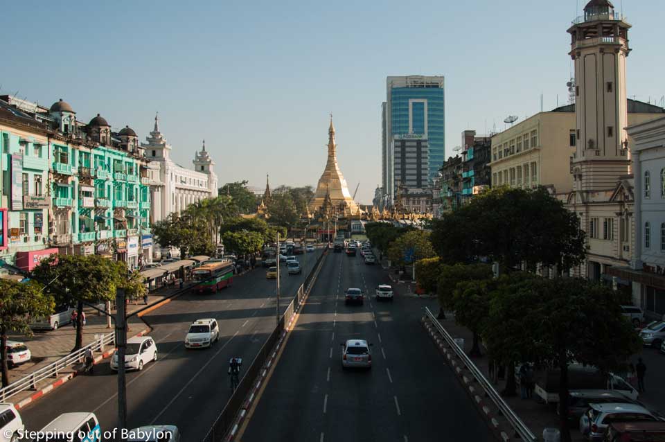 Sule Pagoda Road. The bus stand to Shwedagon Pagoda is located on the left side