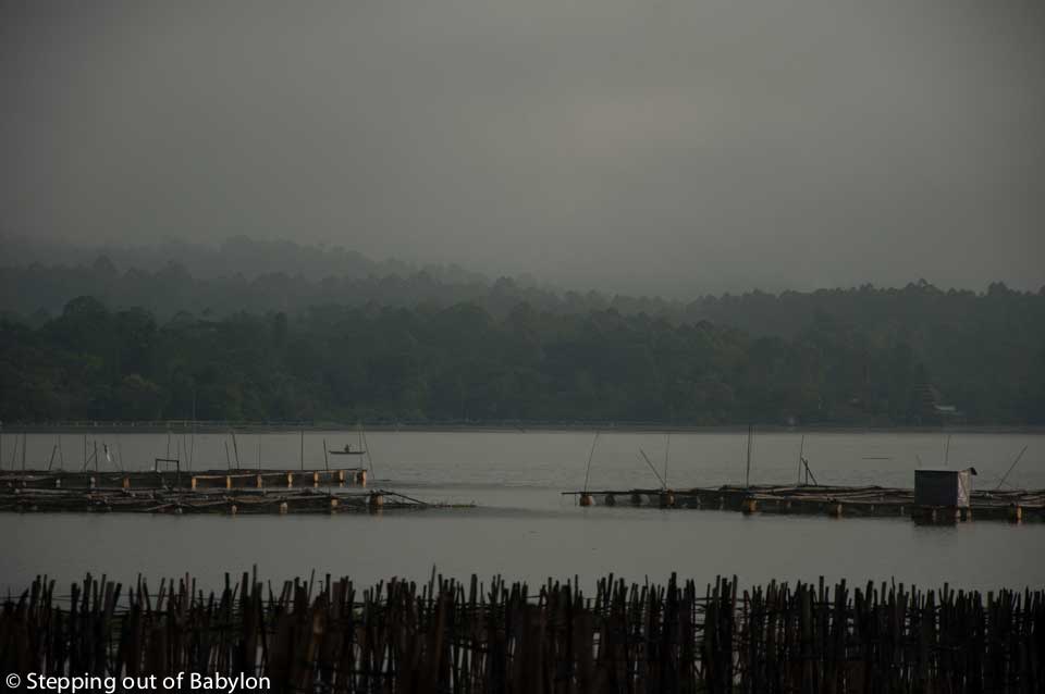 Lake Batur and the Volcano wrapped in clouds view from Kedisan village