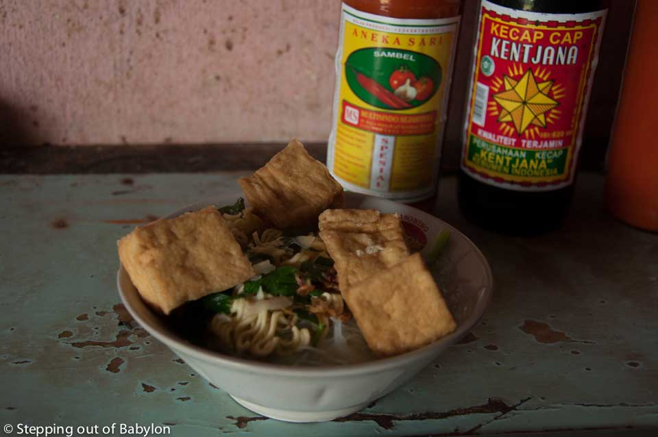 bakso soup in  a vegetarian option with tofu instead of meatballs, Candirejo