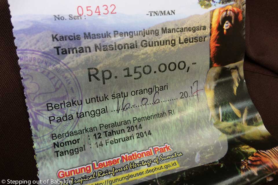 Ticket for the Leuser National Park . Bukit Lawang