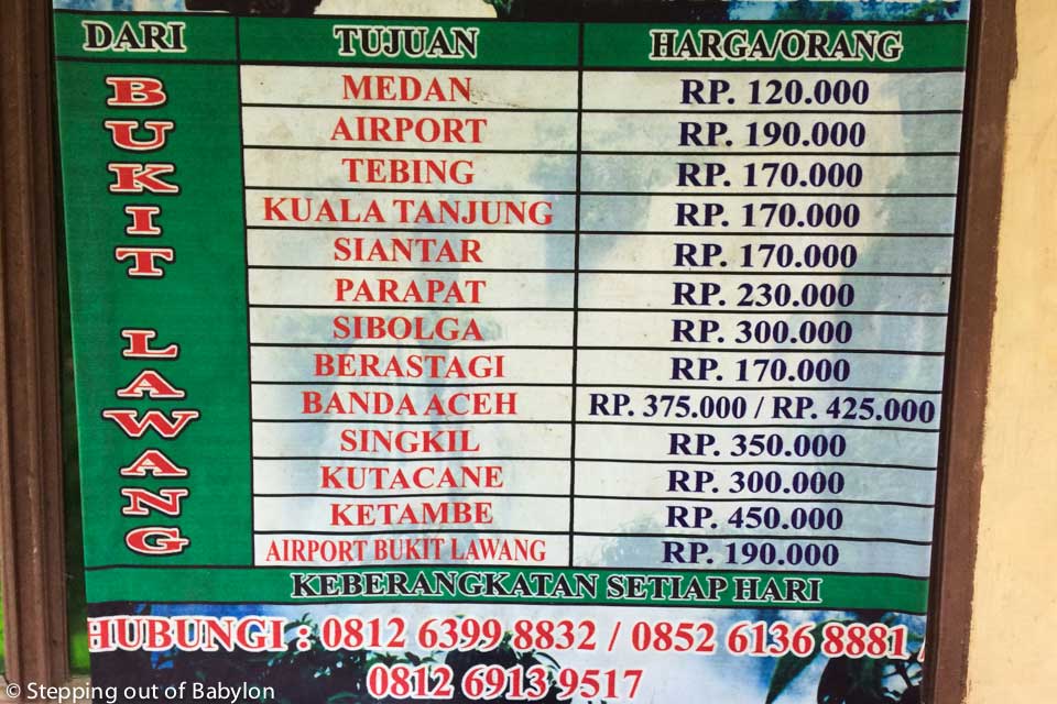 Prices of the travel service from Bukit Lawang to different destinations in Sumatra. The car to Medan and to Medan airport departure at 8 a.m.