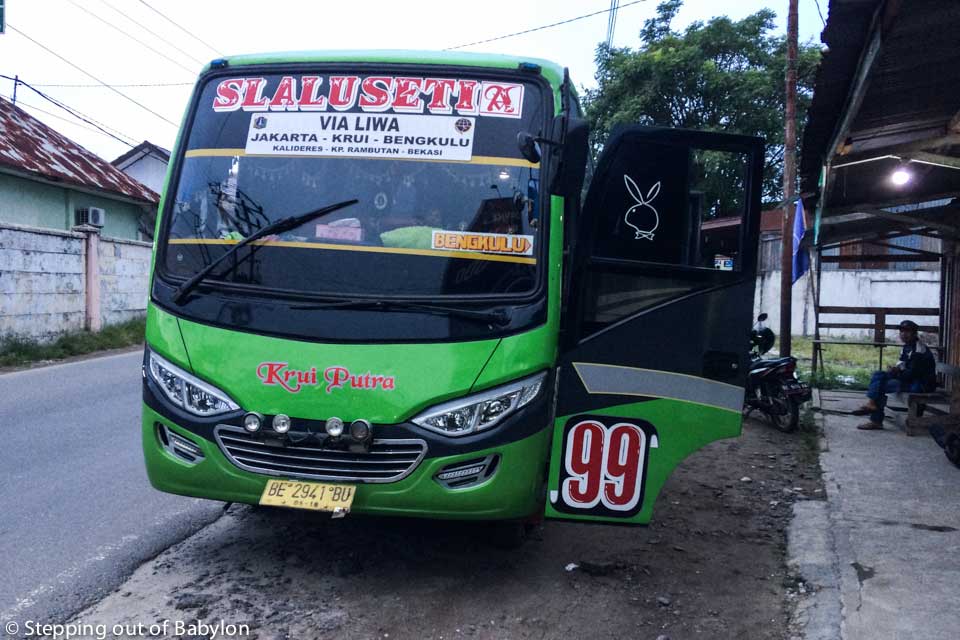 Bus from the P.O. Krui Putra that comes from Jakarta and passes by Krui on the way to Bengkulu. The Krui Putra bus is old and doesn’t have much confortable. I ask to seat on the front as there is more space... but here is air-con; be prepared for loud music all the way!!!!